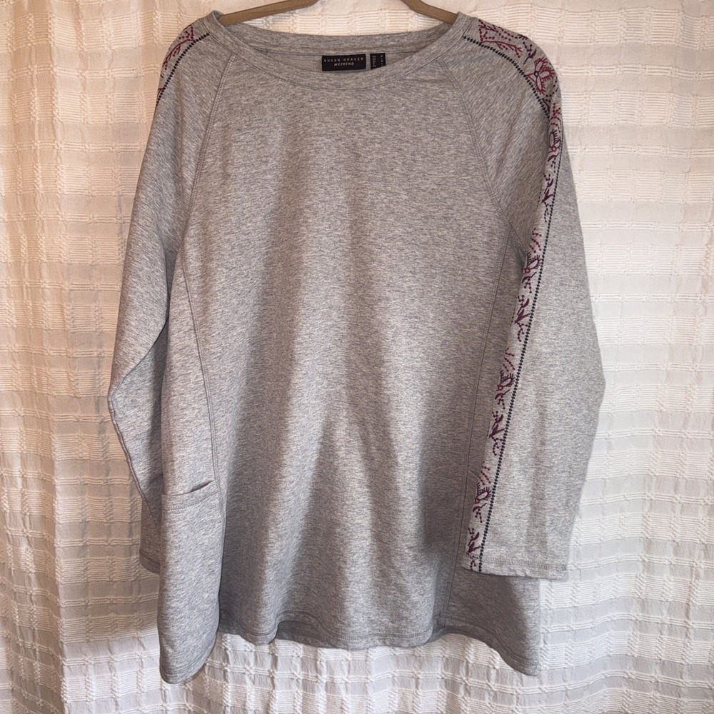 Susan Graver Weekend Cotton Tunic Jersey Gray with Embroidery and Pockets Medium